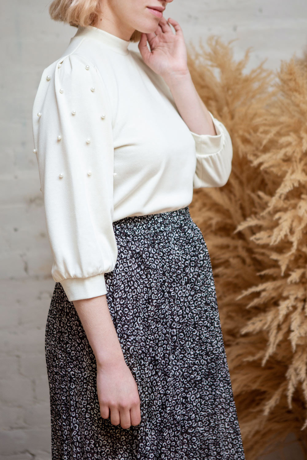 Bettina Black Cheetah Print Pleated Midi Skirt | Boutique 1861 model top