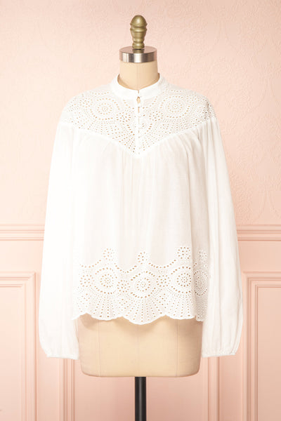 Bijal Long Sleeve White Blouse w/ Open-Work Lace | Boutique 1861 front view