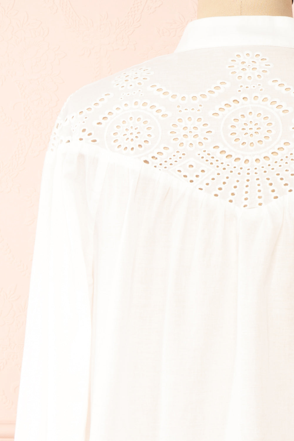 Bijal Long Sleeve White Blouse w/ Open-Work Lace | Boutique 1861 back close-up