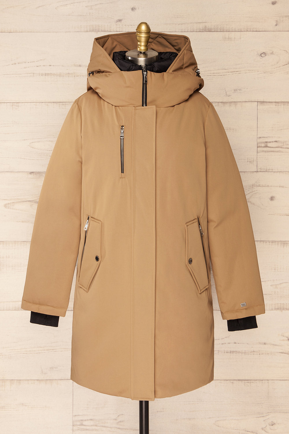 Bilena Beige Mid-Length Down Coat w/ Puffy Bib | La petite garçonne front view