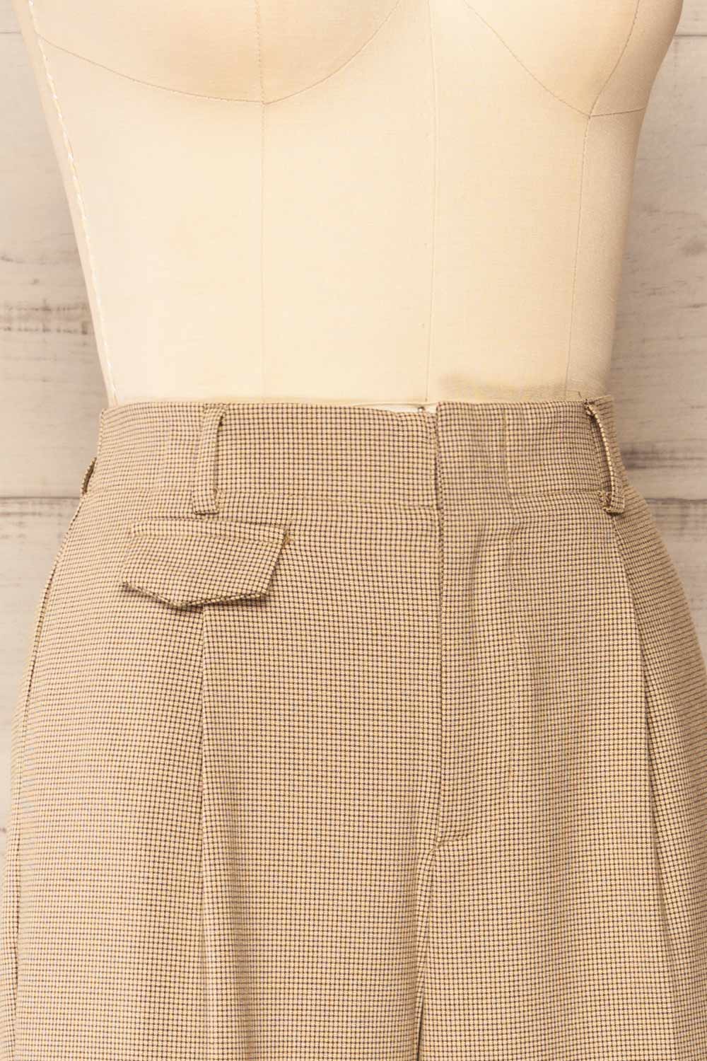 Bjork Beige Plaid High-Waisted Straight Leg Pants | La petite garçonne side close-up