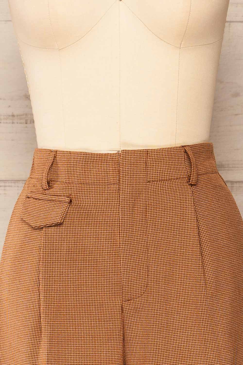 Bjork Caramel Plaid High-Waisted Straight Leg Pants | La petite garçonne front close-up