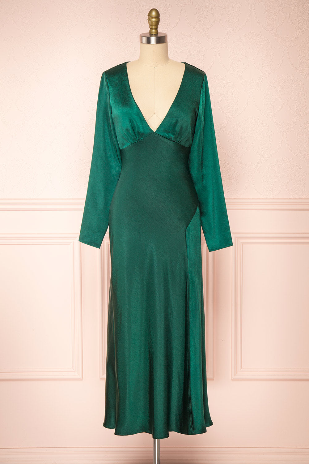 Bonnie Green Long Sleeve Silky Maxi Dress | Boutique 1861 front view