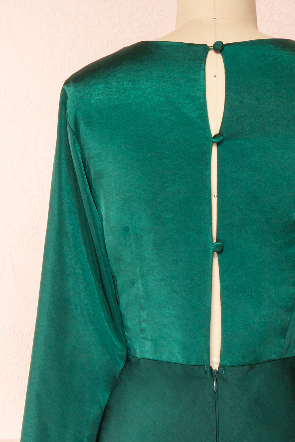Bonnie Green Long Sleeve Silky Maxi Dress | Boutique 1861 back close-up