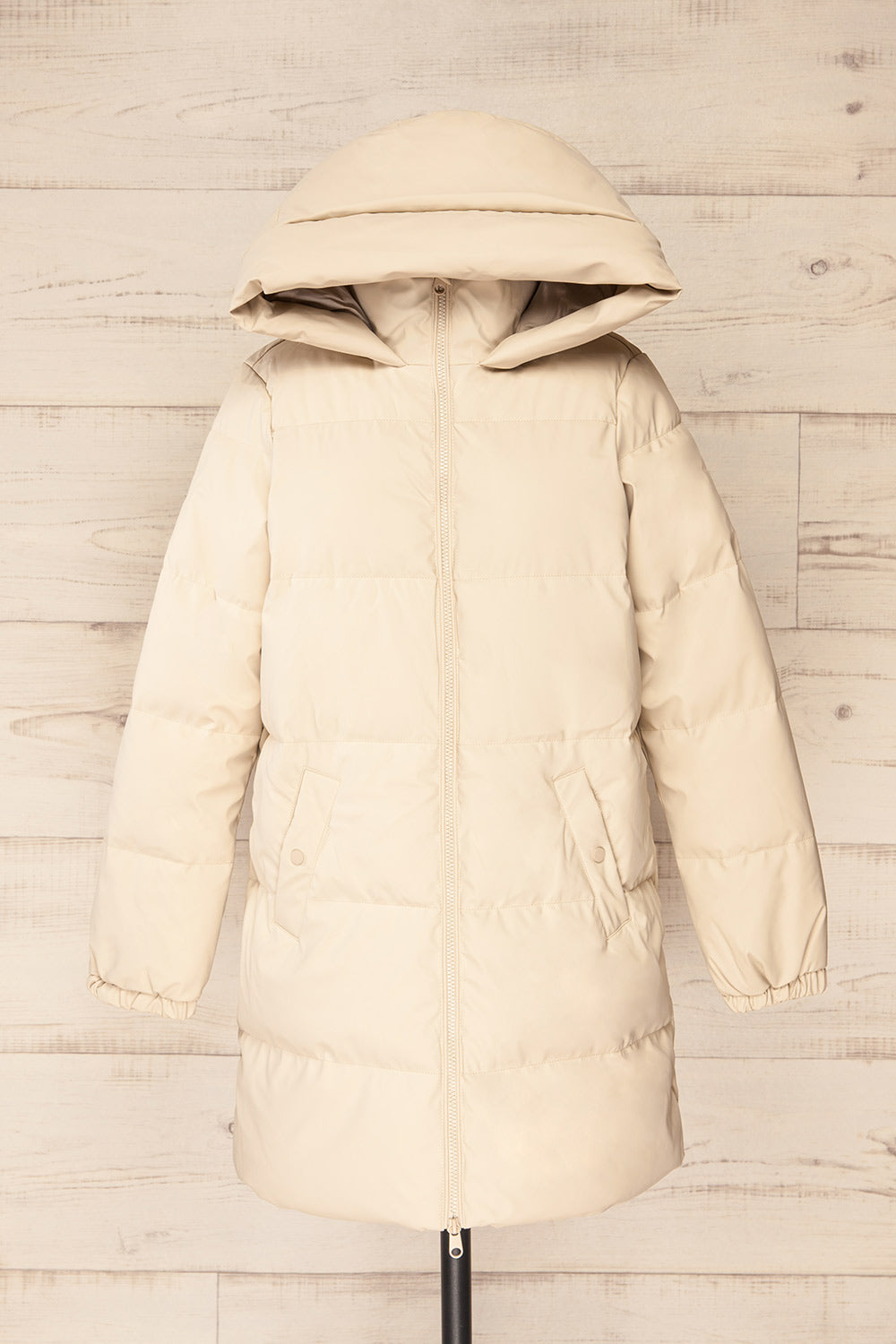 Borough Beige Puffer Coat w/ Front Pockets | La petit garçonne front hood view