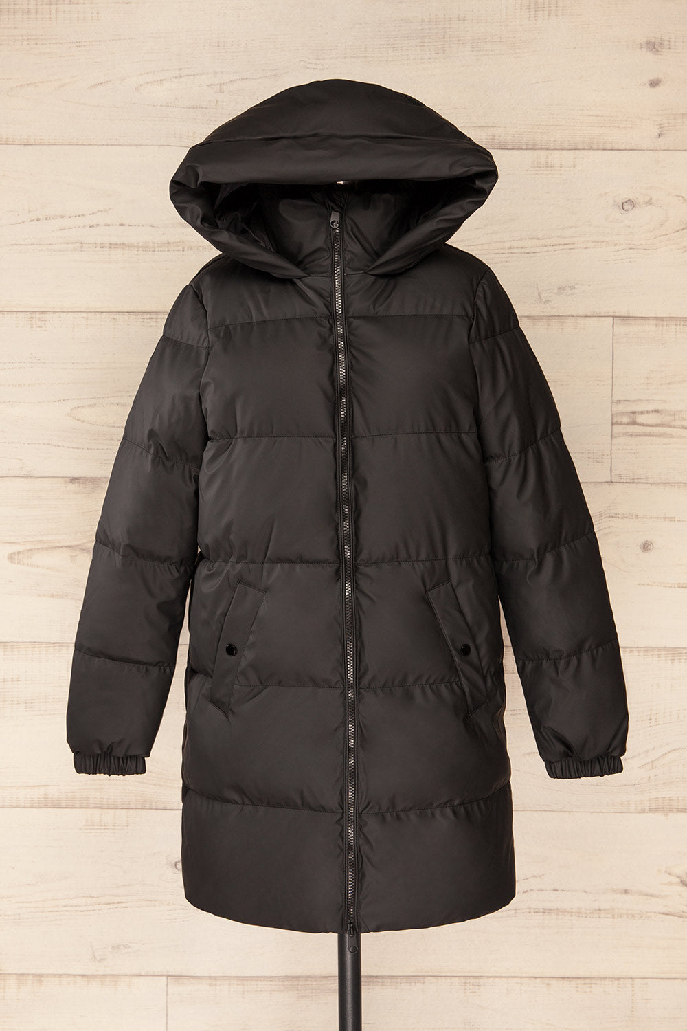 Borough Black Puffer Coat w/ Front Pockets | La petite garçonne front hood view