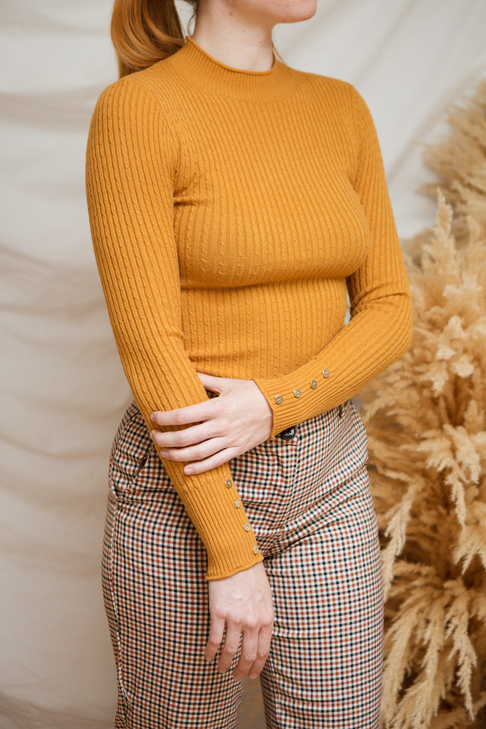 Braga Yellow Ribbed Fitted Mock Neck Top | La petite garçonne model