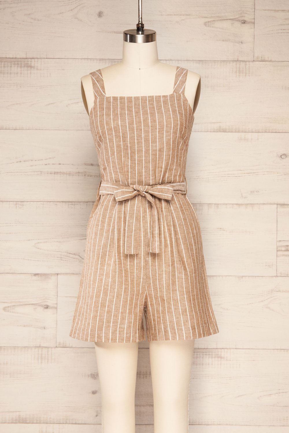 Bray Taupe Striped Romper with Belt | La petite garçonne front view