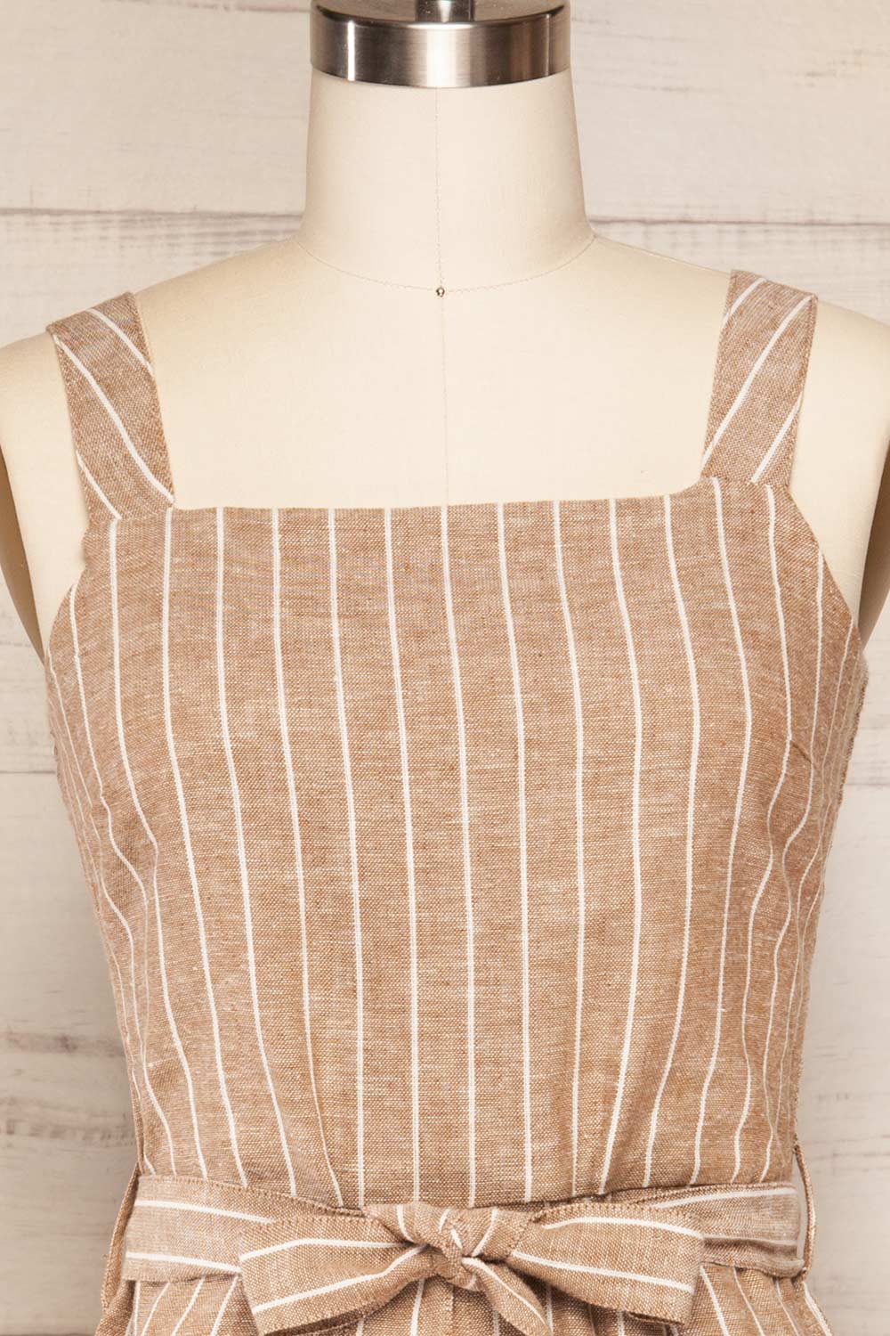 Bray Taupe Striped Romper with Belt | La petite garçonne front close up