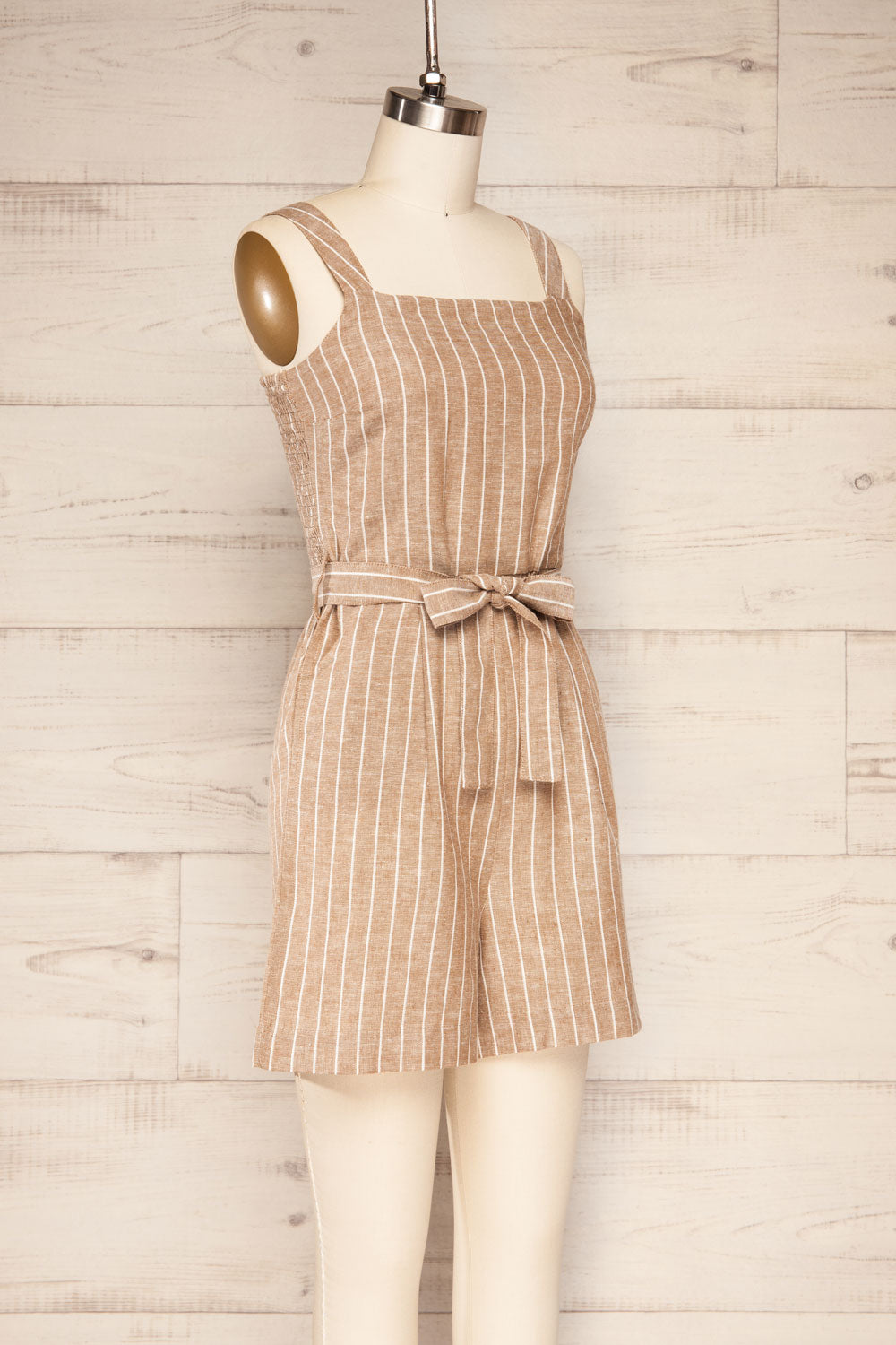 Bray Taupe Striped Romper with Belt | La petite garçonne side view