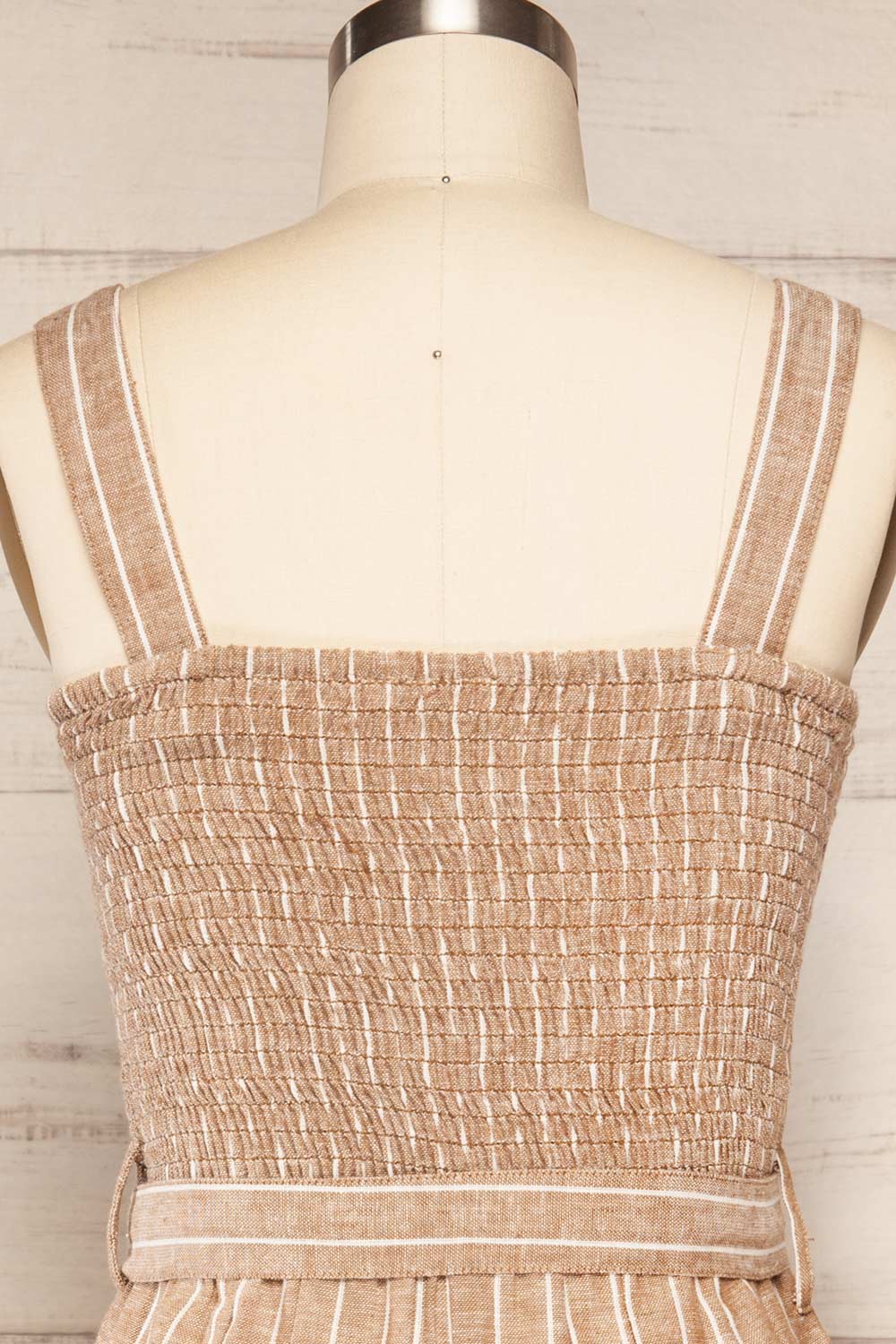Bray Taupe Striped Romper with Belt | La petite garçonne back close up