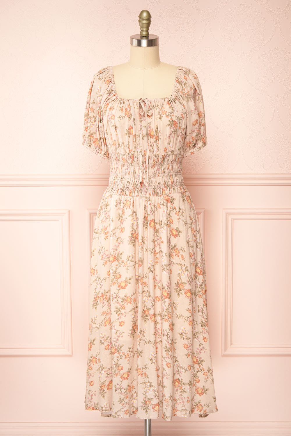 Brogalah Floral Midi Dress w/ Puffy Sleeves | Boutique 1861 front view