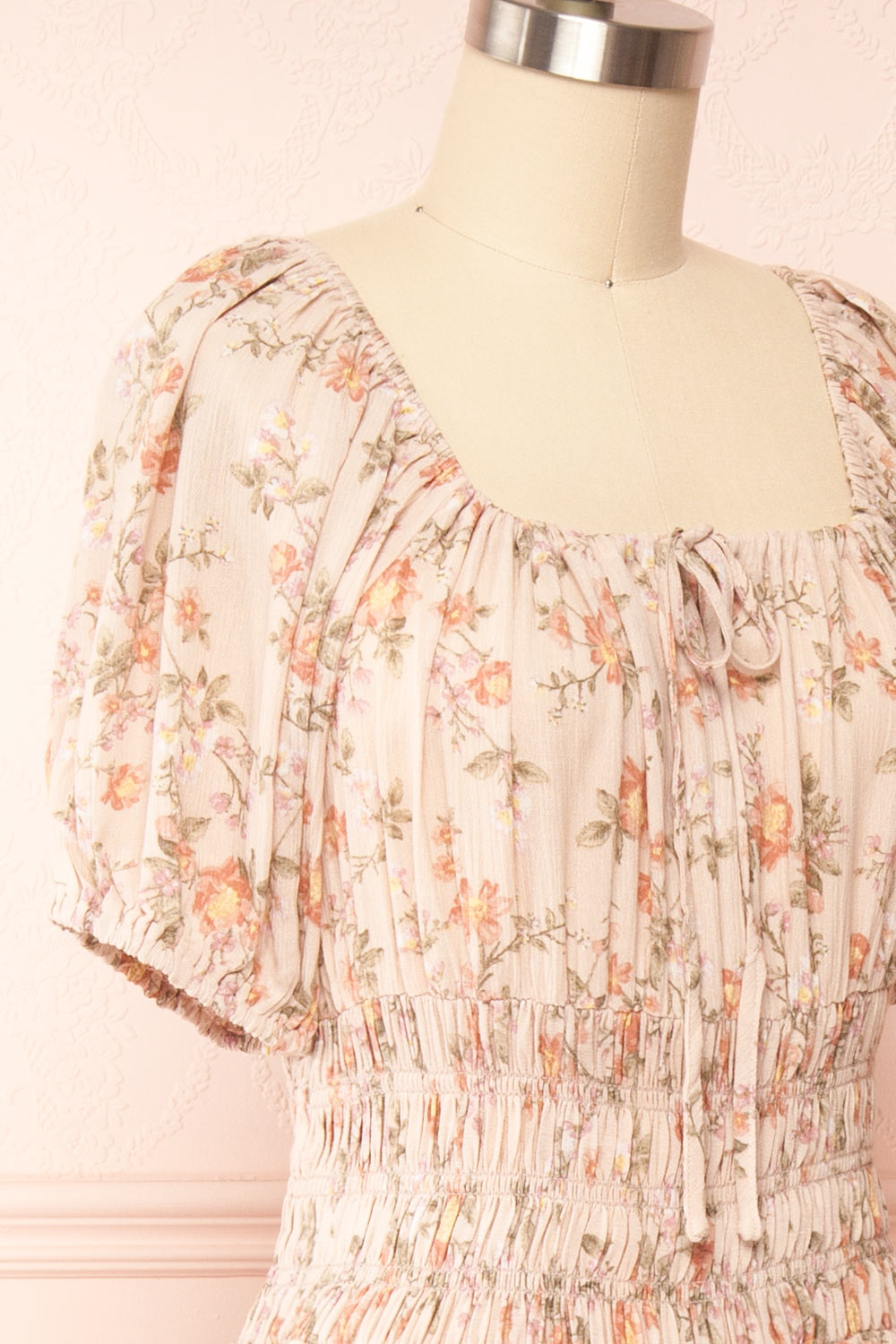 Brogalah Floral Midi Dress w/ Puffy Sleeves | Boutique 1861 side close up