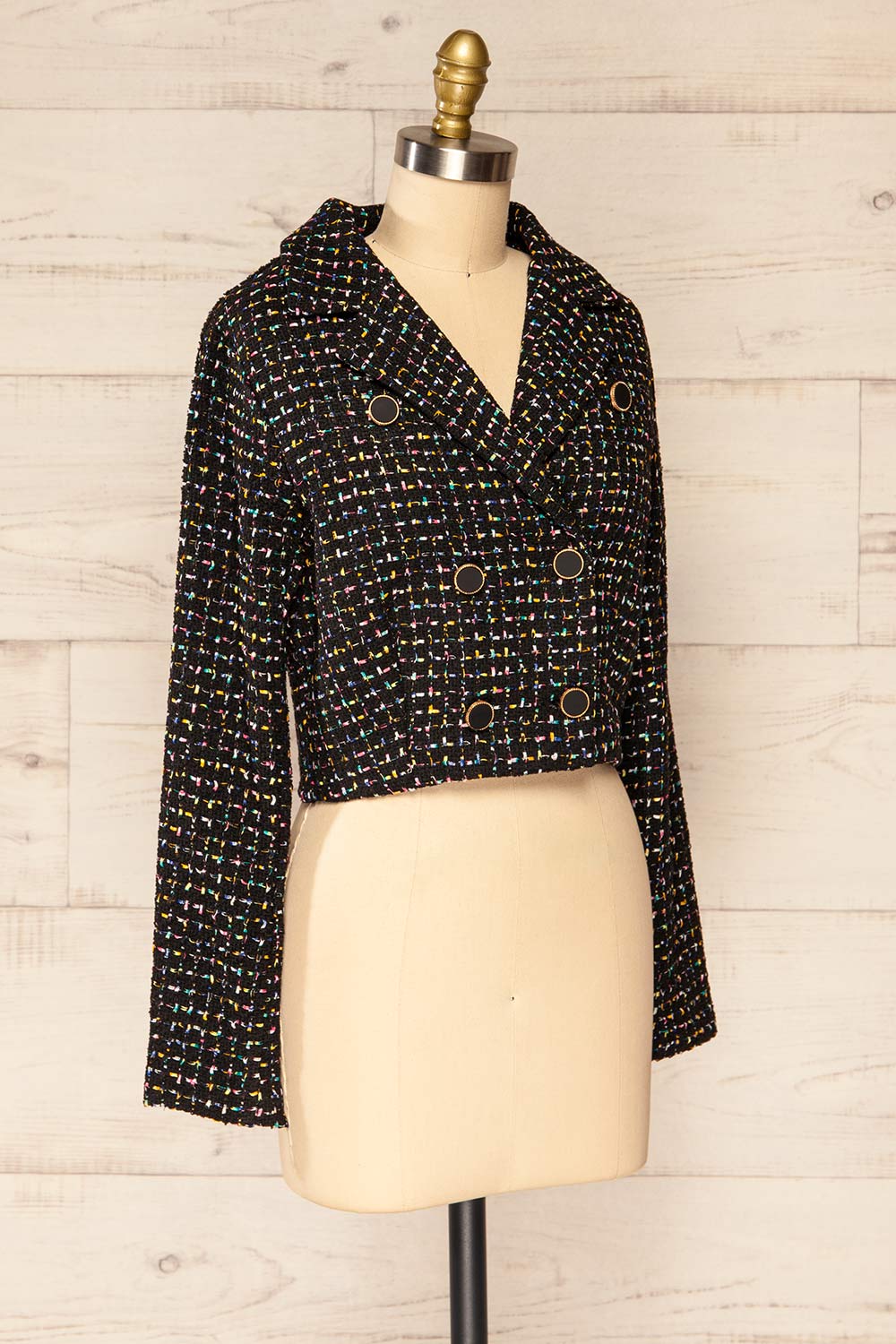 Bruges Black Cropped Tweed Blazer | La petite garçonne side view