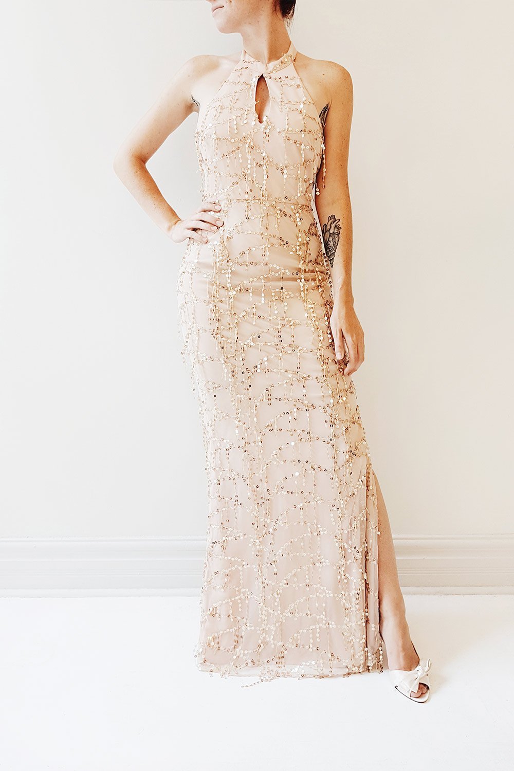 Bryony Peach Beige Sequins Mermaid Halter Dress | Boudoir 1861