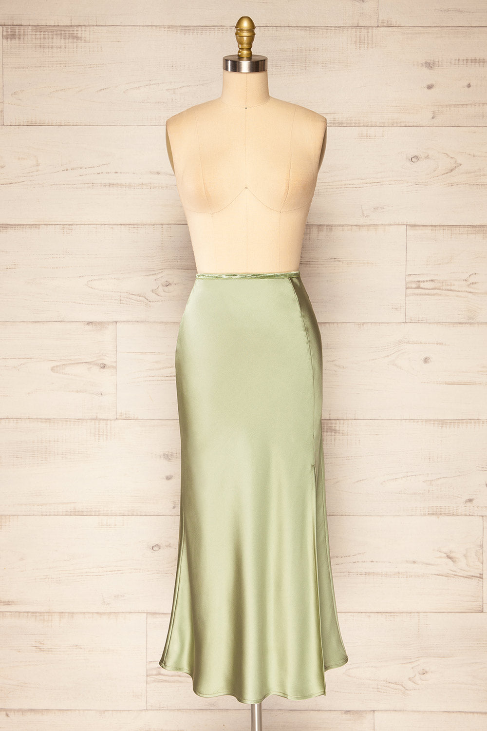 Cajon Sage Satin Midi Skirt With Slit | La petite garçonne front view