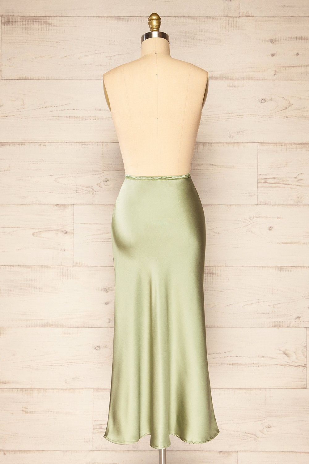 Cajon Sage Satin Midi Skirt With Slit | La petite garçonne back view