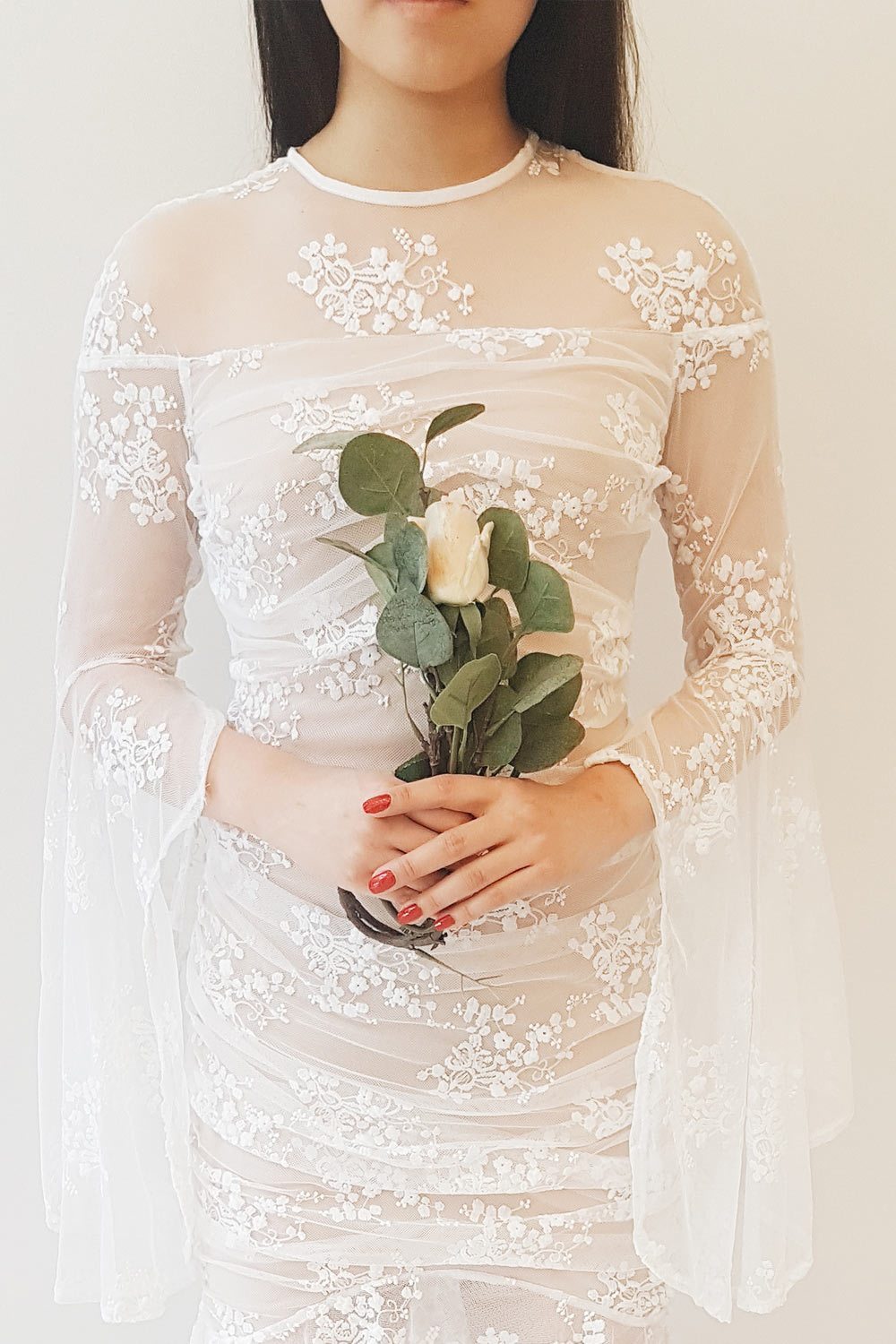 Calia White Lace Layered Bridal Dress with Bell Sleeves | Boudoir 1861