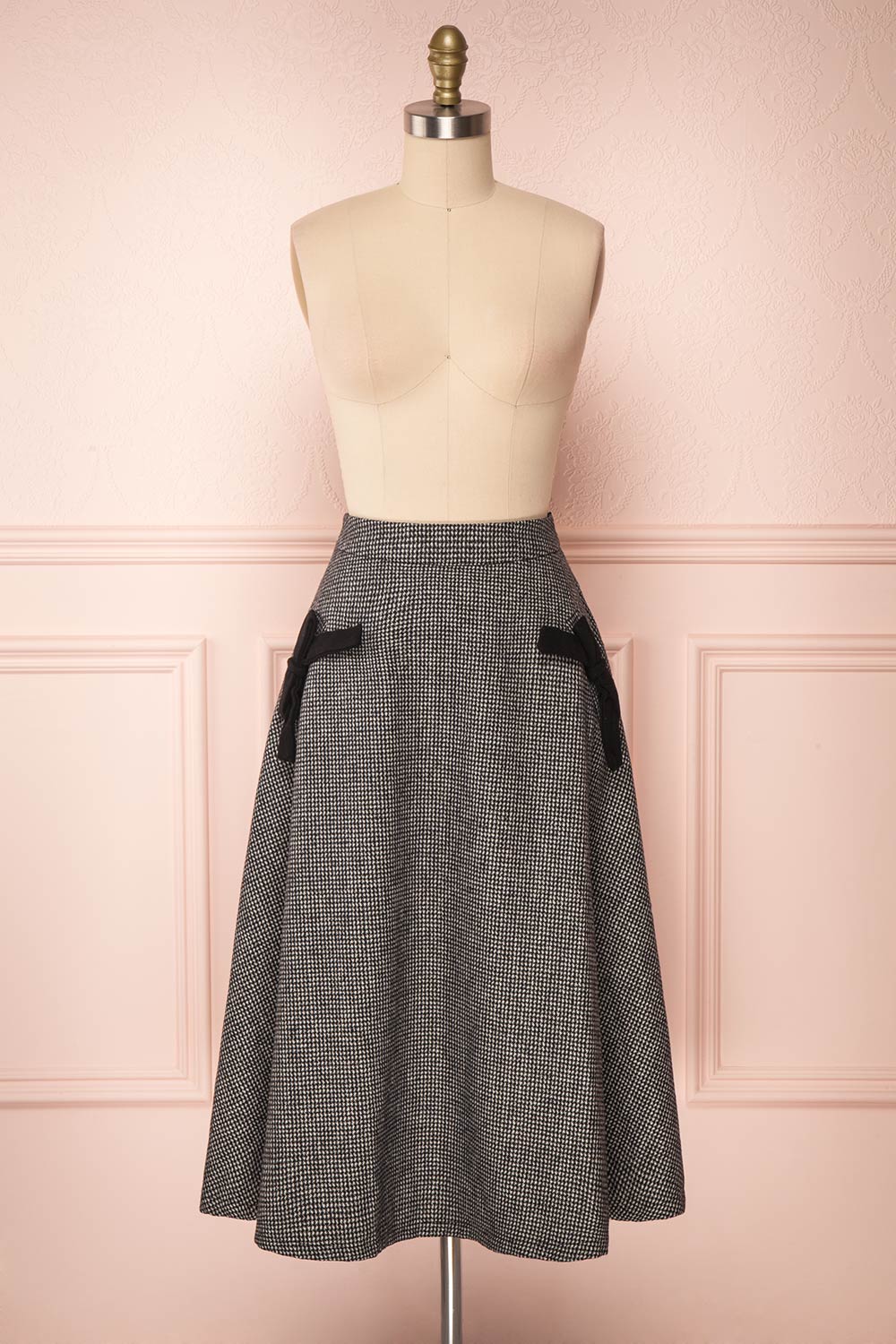 Calissa Black & White Houndstooth A-Line Midi Skirt | FRONT VIEW | Boutique 1861