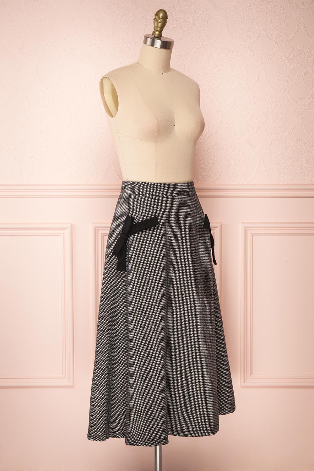 Calissa Black & White Houndstooth A-Line Midi Skirt | SIDE VIEW | Boutique 1861