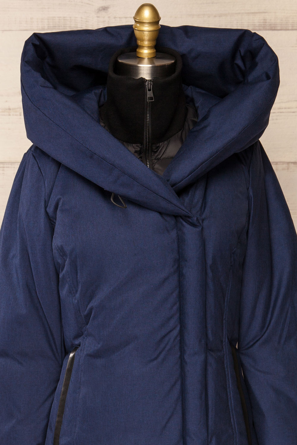 Camelia Navy Quilted Soia&Kyo Parka with Hood | La Petite Garçonne front close-up