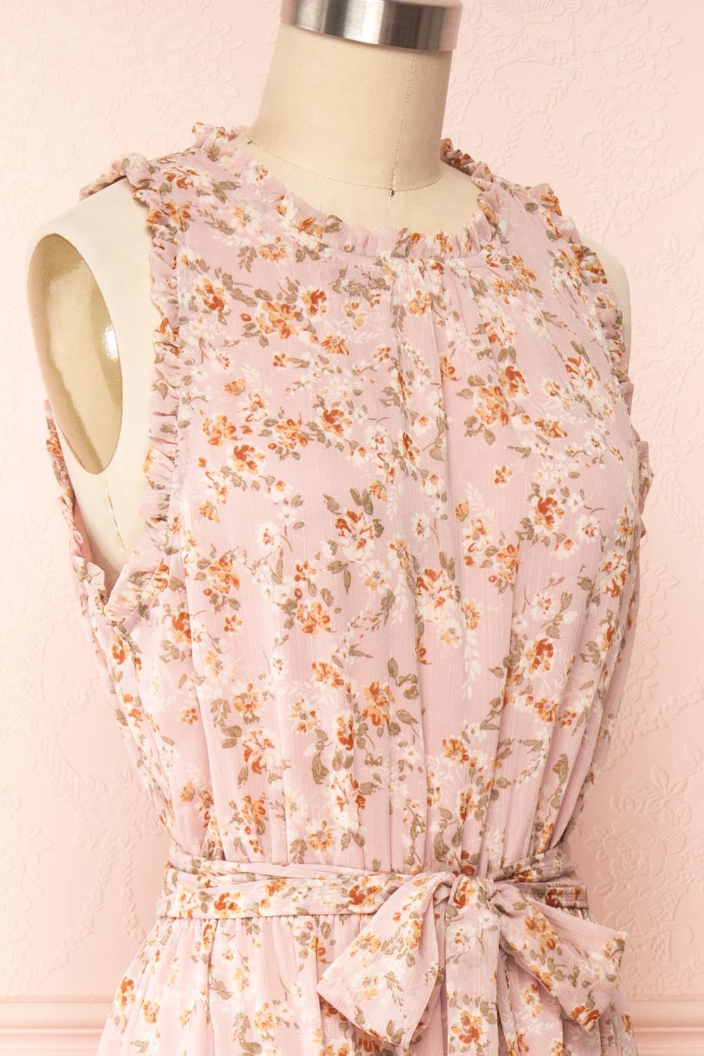 Campanna Floral Midi Dress w/ Ruffles | Boutique 1861 side close up