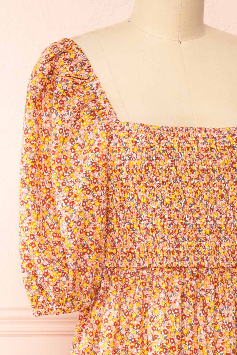 Candique Floral Midi Dress w/ Puffy Sleeves | Boutique 1861 side close-up