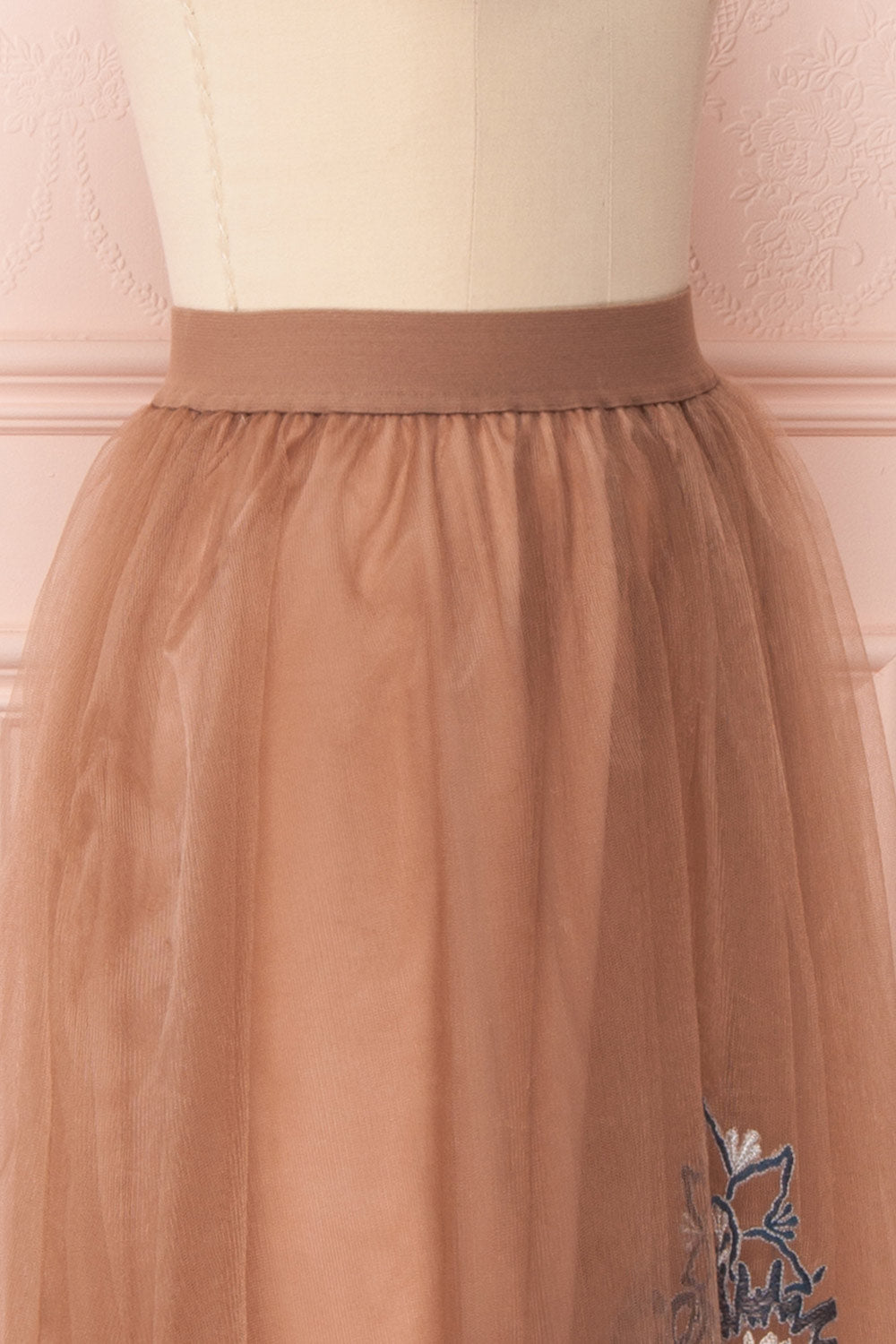 Cardea Taupe Mesh Maxi Skirt with Floral Embroidery | Boutique 1861 4
