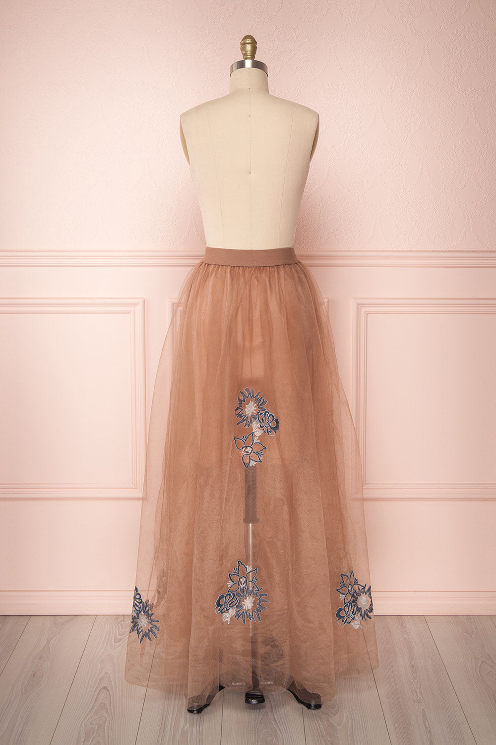 Cardea Taupe Mesh Maxi Skirt with Floral Embroidery | Boutique 1861 5