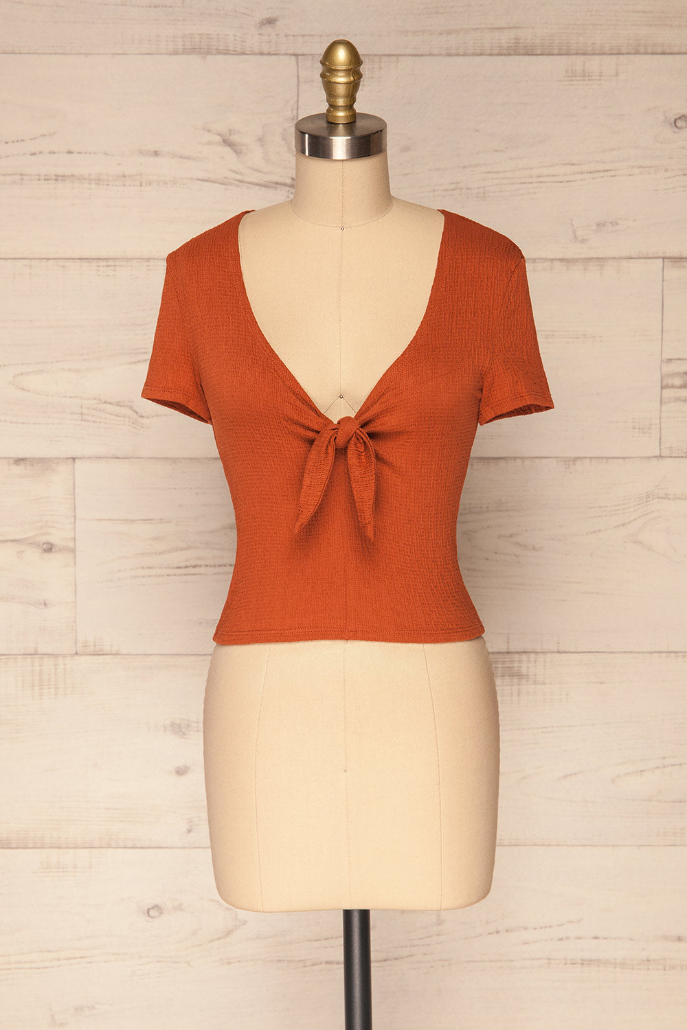Cardiff Rust Orange V-Neck Knotted Top | La Petite Garçonne front view
