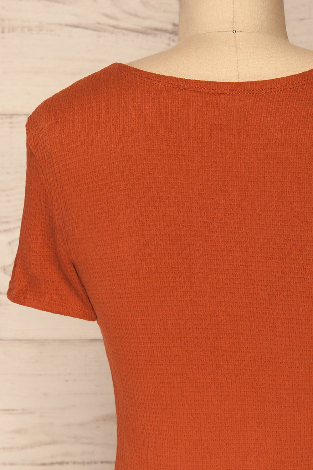 Cardiff Rust Orange V-Neck Knotted Top | La Petite Garçonne back close-up