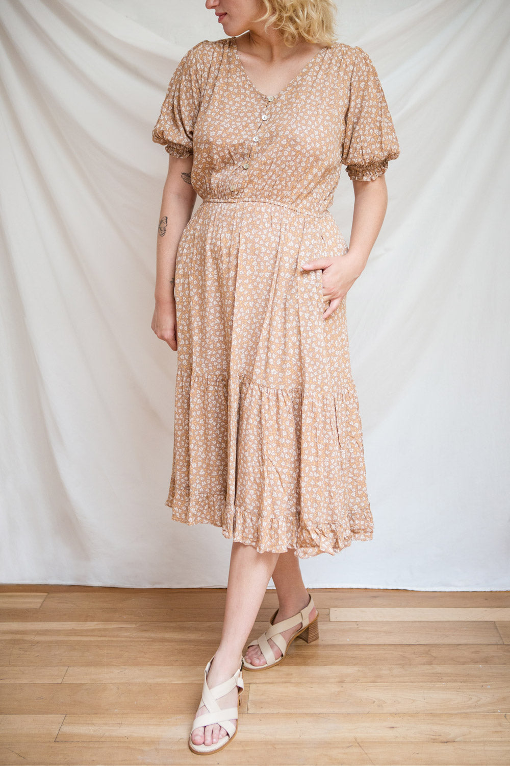 Carmella Mustard V-Neck Floral Midi Dress w/ Frills | Boutique 1861 model