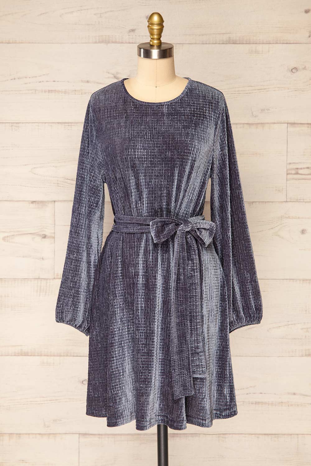 Casale Grey Short Ribbed Velvet Dress | La petite garçonne front close-up