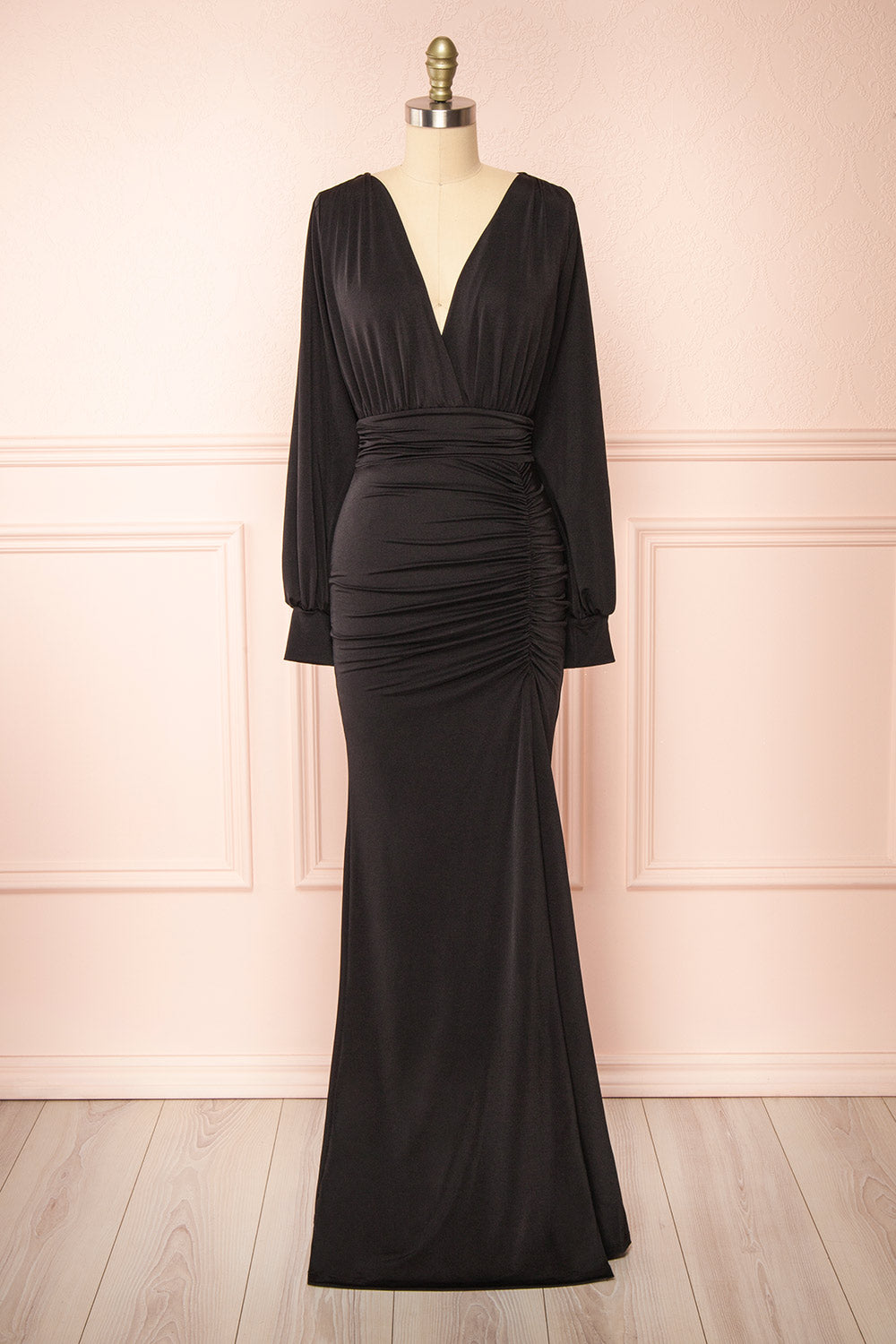 Cassidy Black Plunging Neckline Mermaid Maxi Dress | Boutique 1861 front view