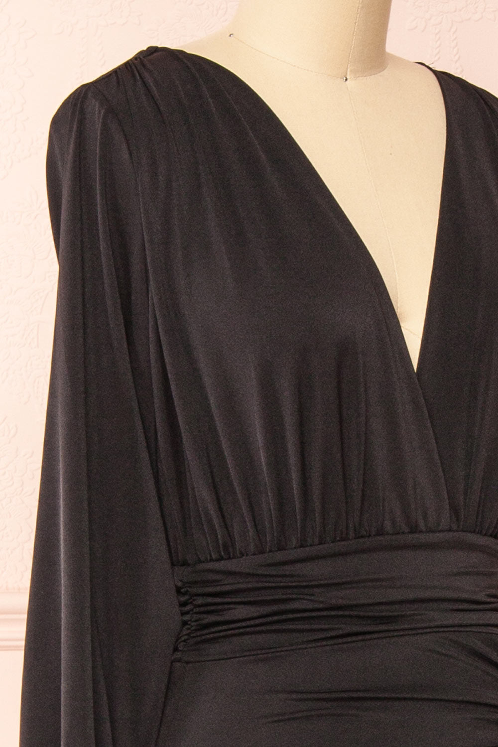 Cassidy Black Plunging Neckline Mermaid Maxi Dress | Boutique 1861 side close-up