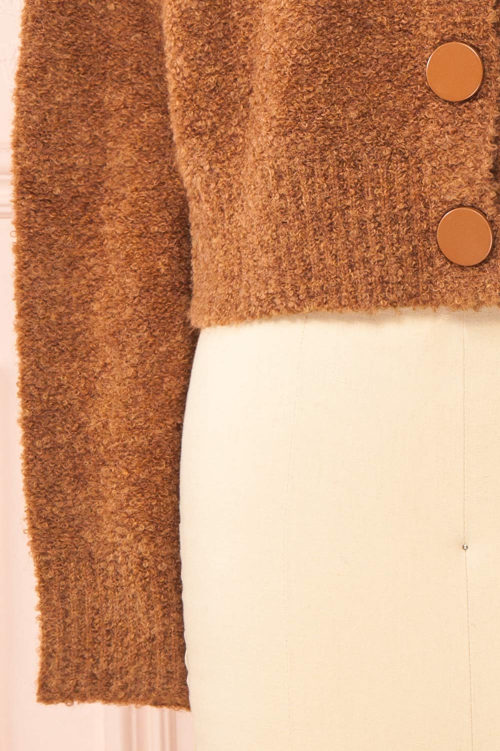 Cassy Brown Bouclé Knit Cardigan w/ Buttons sleeve