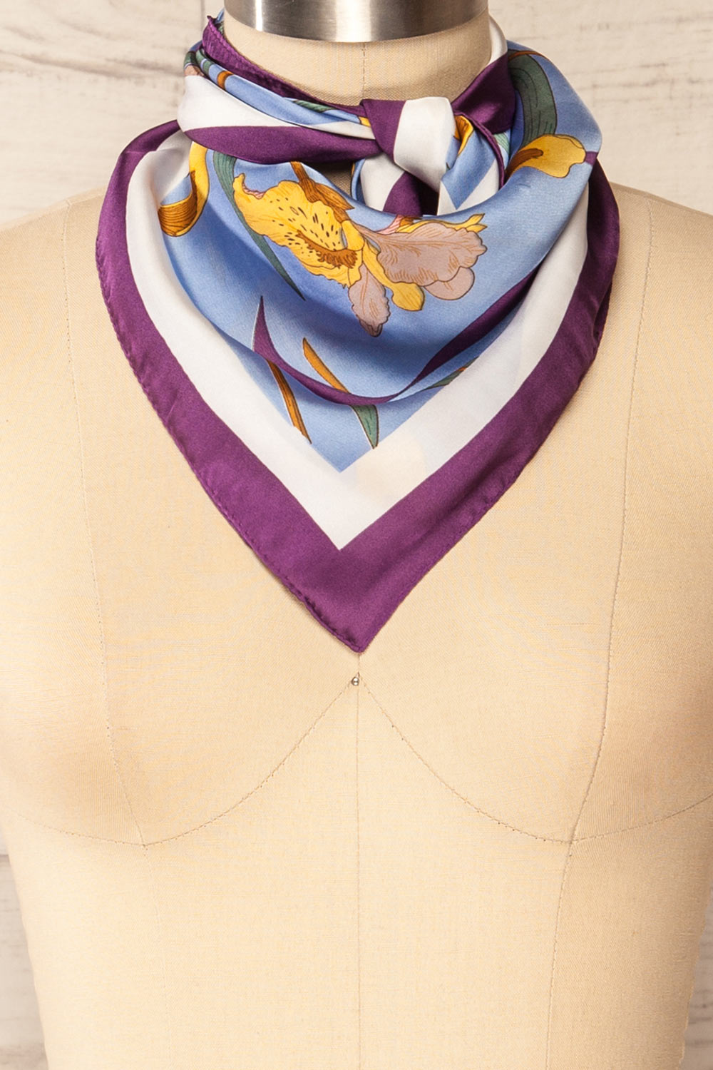 Castelldefels Purple Floral Satin Scarf w/ Butterflies | La petite garçonne front close-up