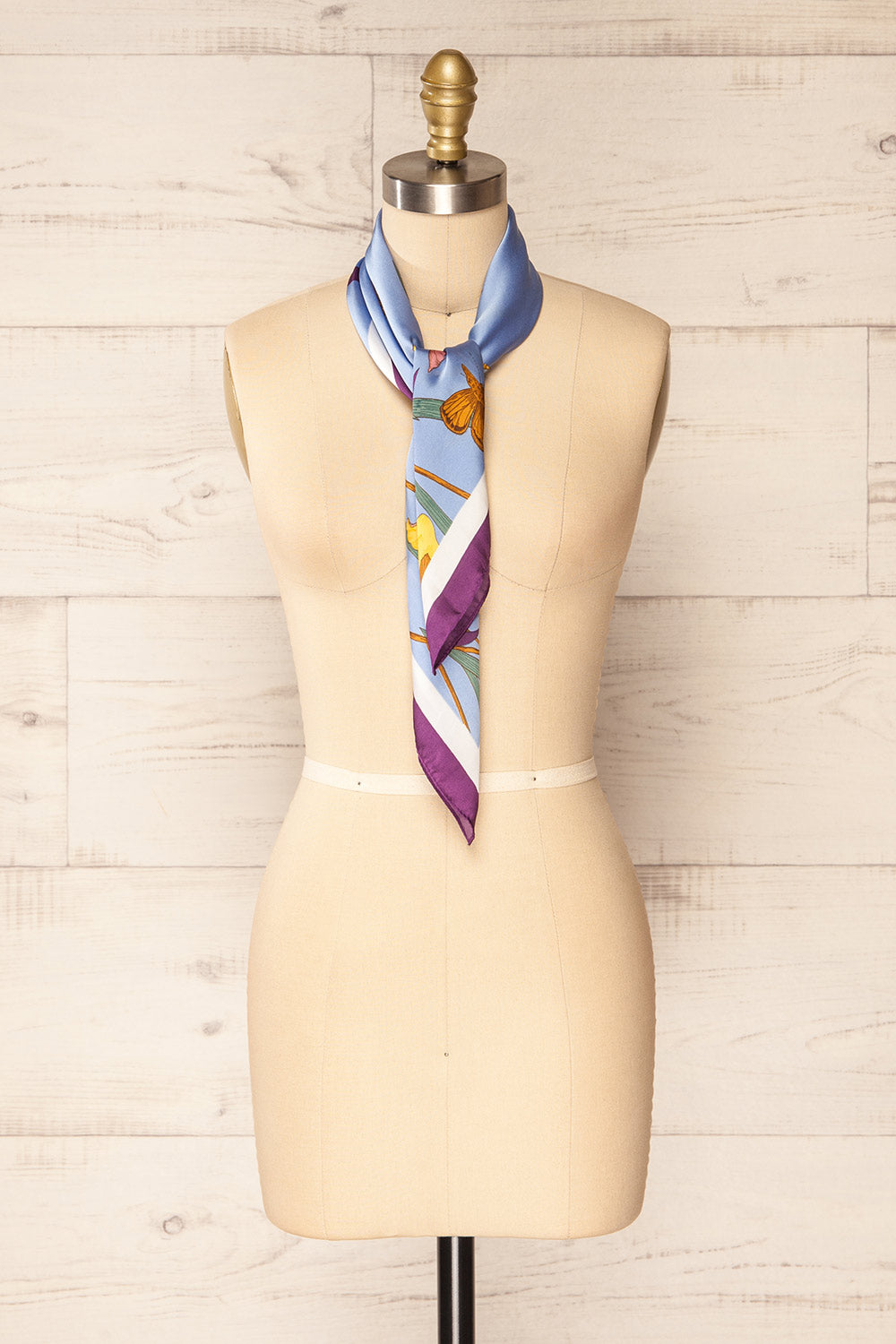 Castelldefels Purple Floral Satin Scarf w/ Butterflies | La petite garçonne tie view