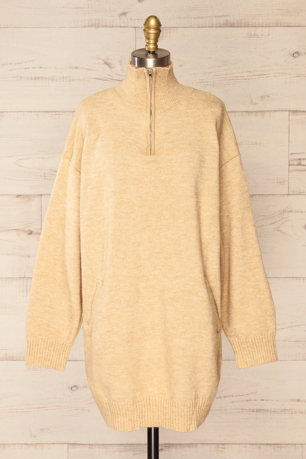 Castiglione Quarter-Zip Beige Knit Sweater | La petite garçonne front view