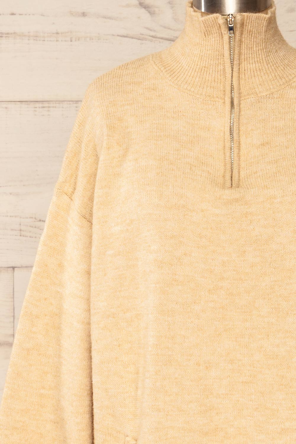 Castiglione Quarter-Zip Beige Knit Sweater | La petite garçonne front close-up