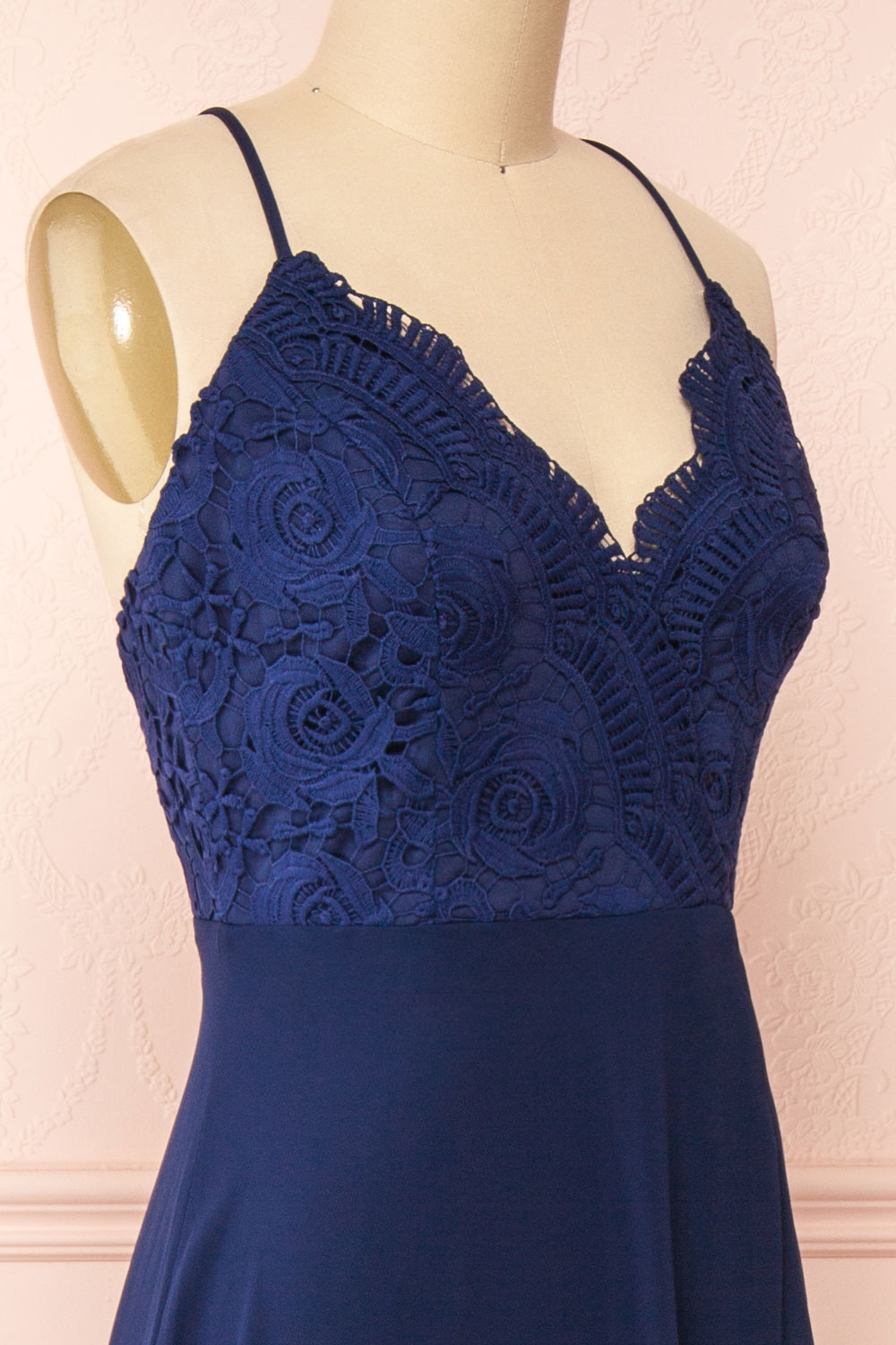 Chantay Navy A-Line Maxi Dress w/ Lace | Boutique 1861 side close-up