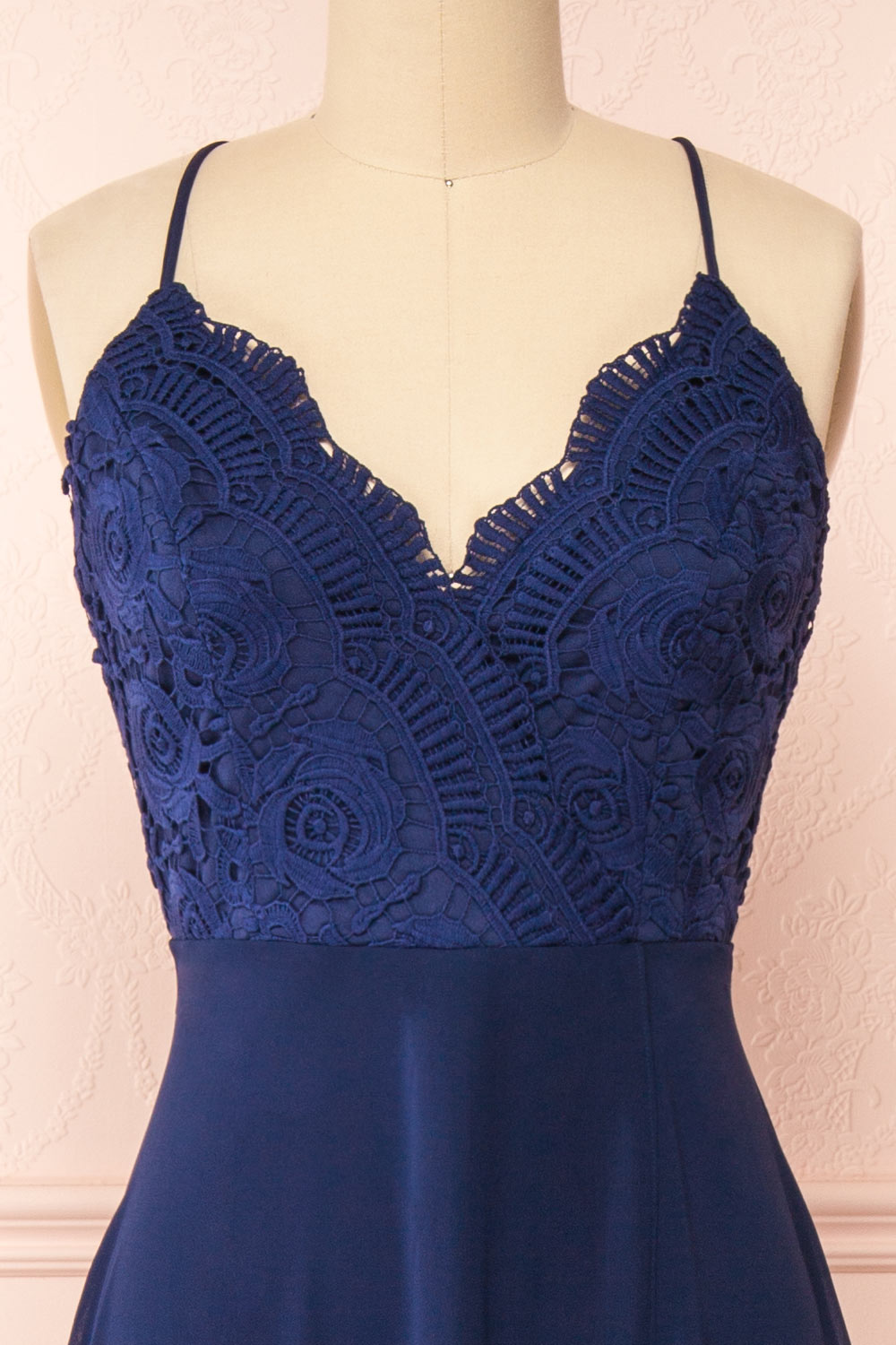 Chantay Navy A-Line Maxi Dress w/ Lace | Boutique 1861 front close-up