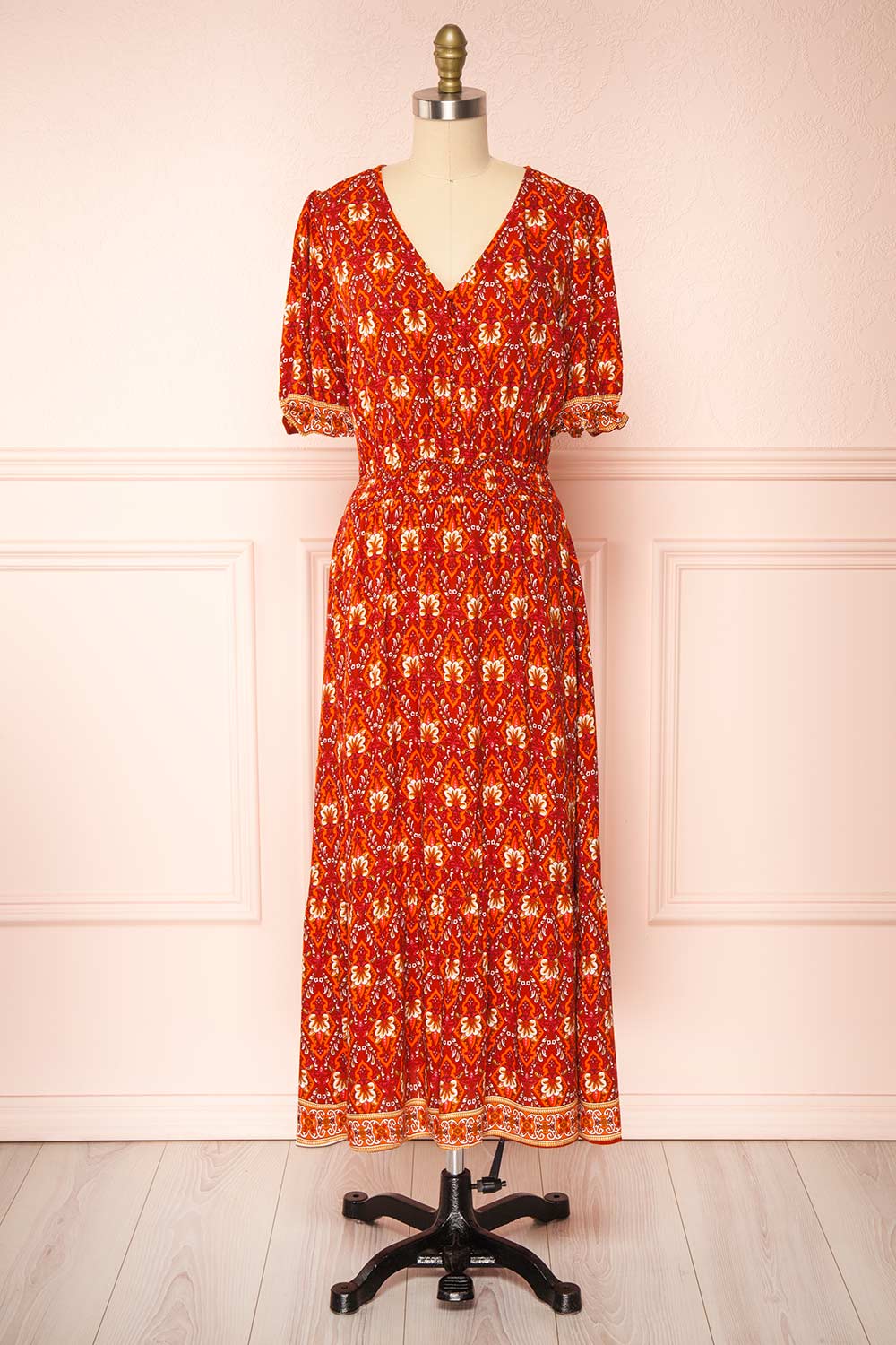 Chantelle Red Patterned Short Sleeve Maxi Dress | Boutique 1861