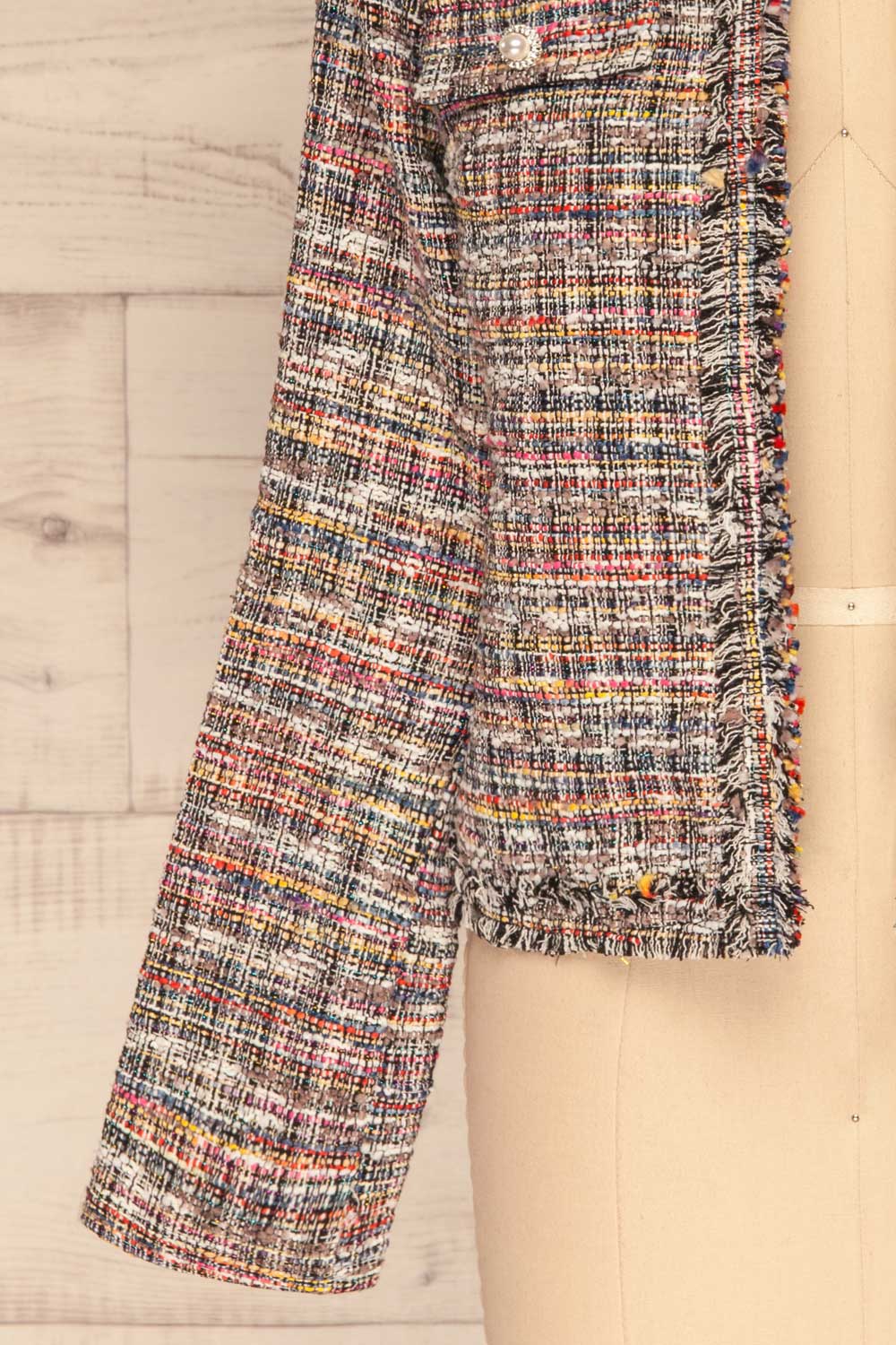 Chatel Colorful Tweed Jacket with Pearl Buttons | La Petite Garçonne bottom close-up