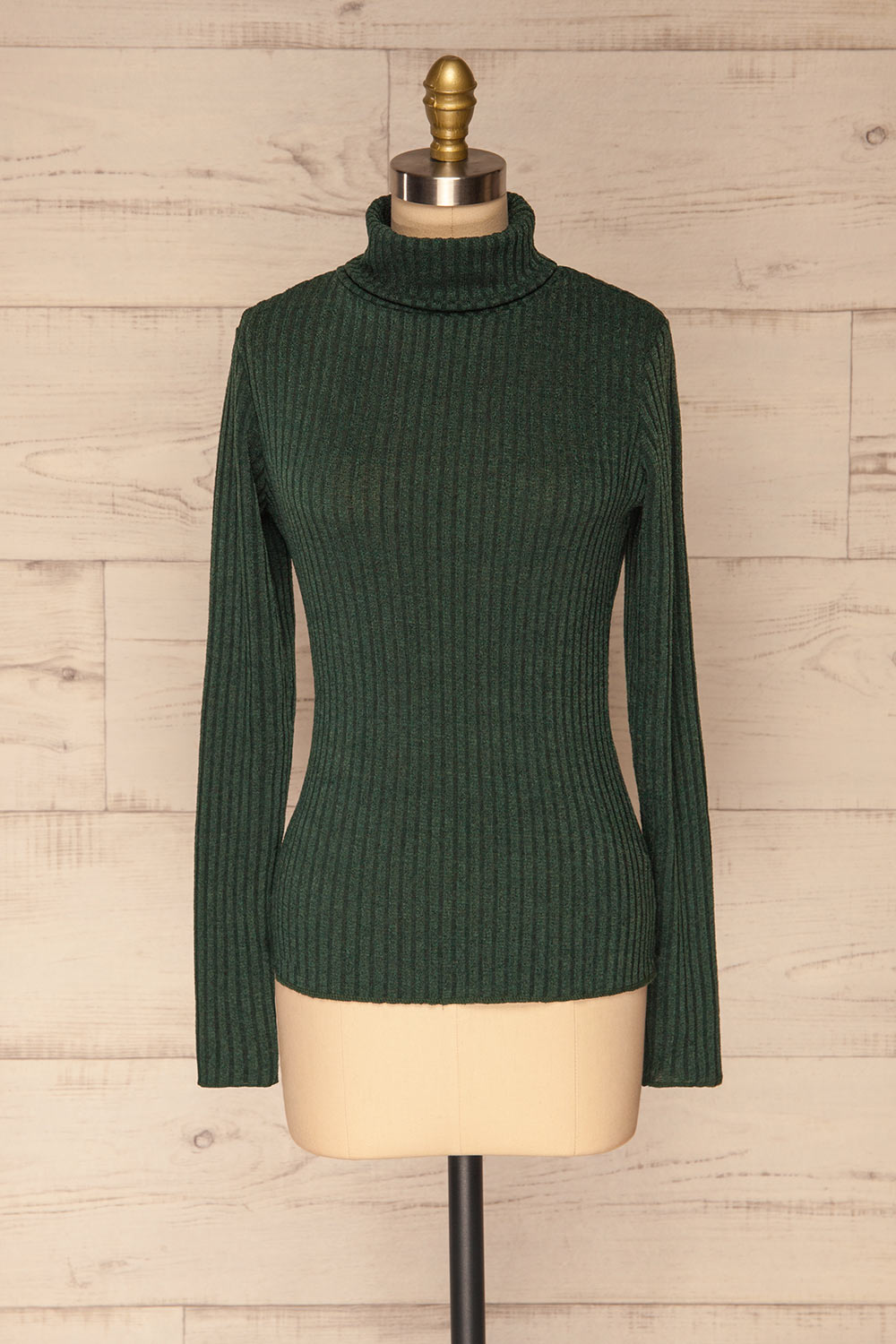 Chléo Green Ribbed Turtleneck Top | La petite garçonne front view