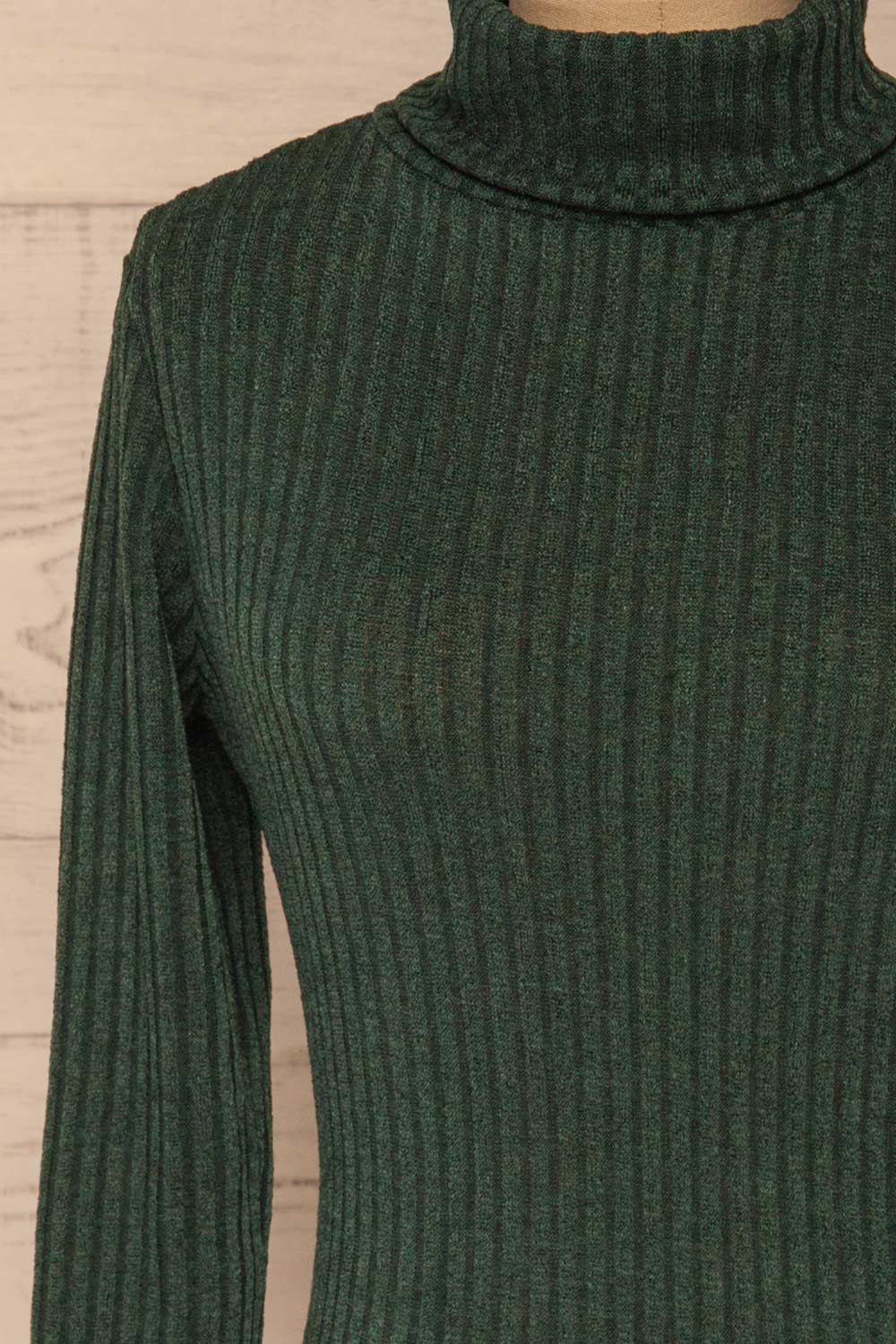 Chléo Green Ribbed Turtleneck Top | La petite garçonne front close-up