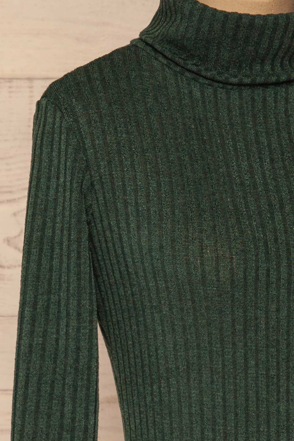 Chléo Green Ribbed Turtleneck Top | La petite garçonne side close-up