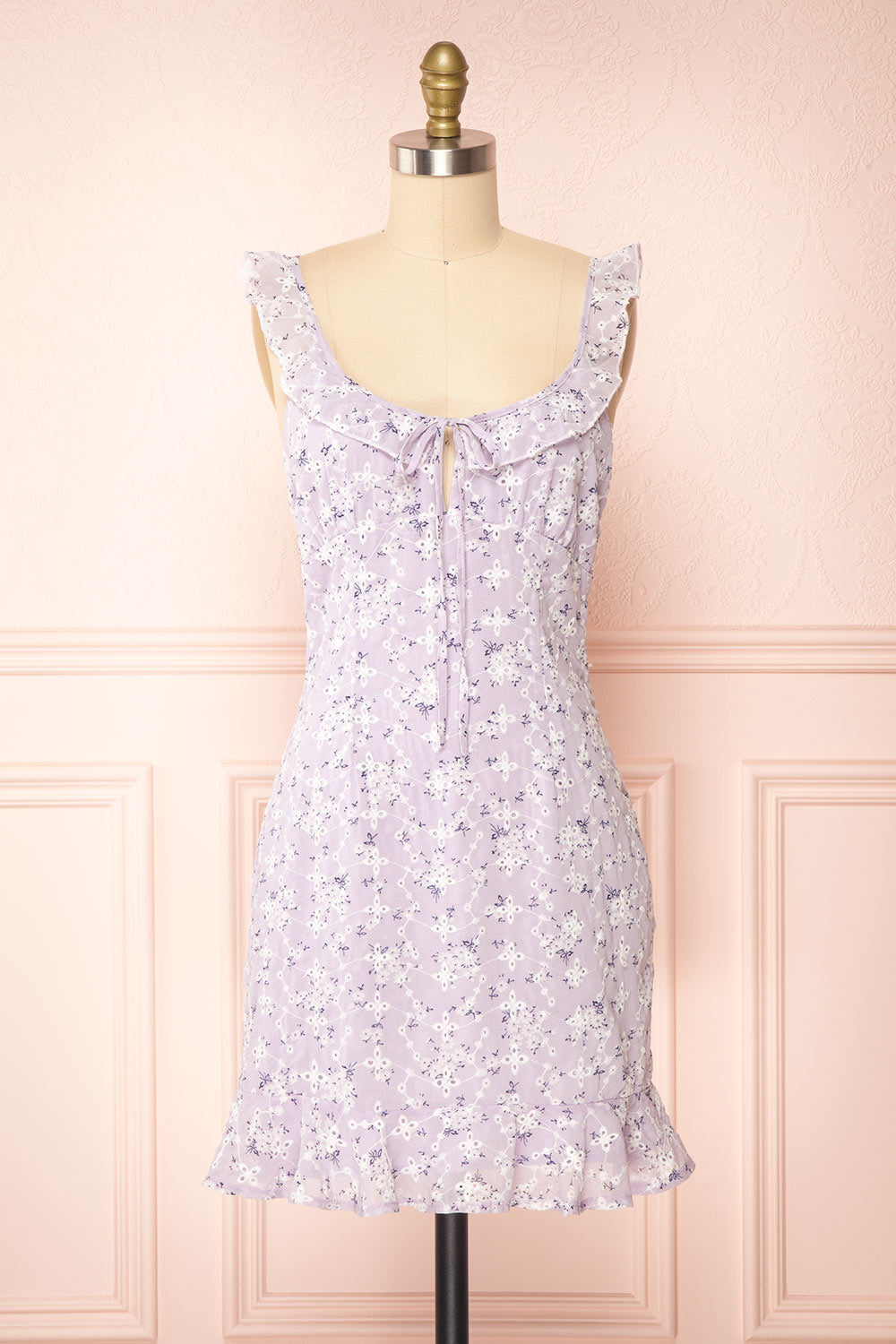 Chlia Lilac Fitted Embroidered Floral Dress w/ Ruffles | Boutique 1861 front view