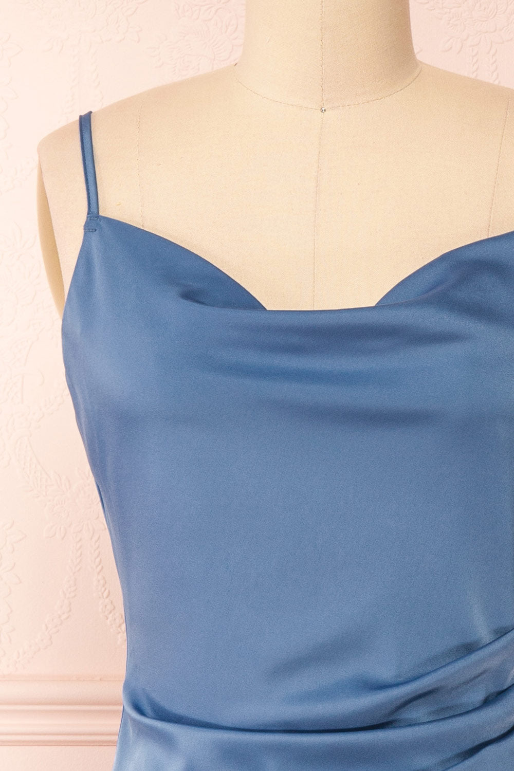 Chloe Blue Cowl Neck Satin Midi Slip Dress | Boutique 1861 front close-up