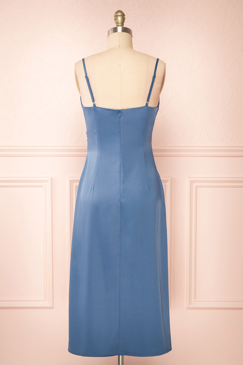 Chloe Blue Cowl Neck Satin Midi Slip Dress | Boutique 1861 back view 